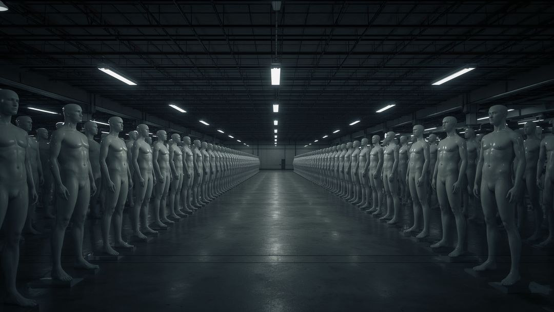 Symmetrical Rows of Mannequins in Dimly Lit Industrial Warehouse