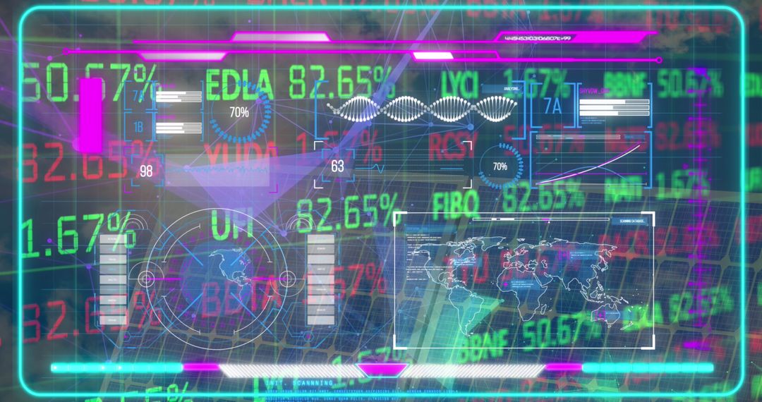 Futuristic Digital Interface Displaying Financial Data and World Maps