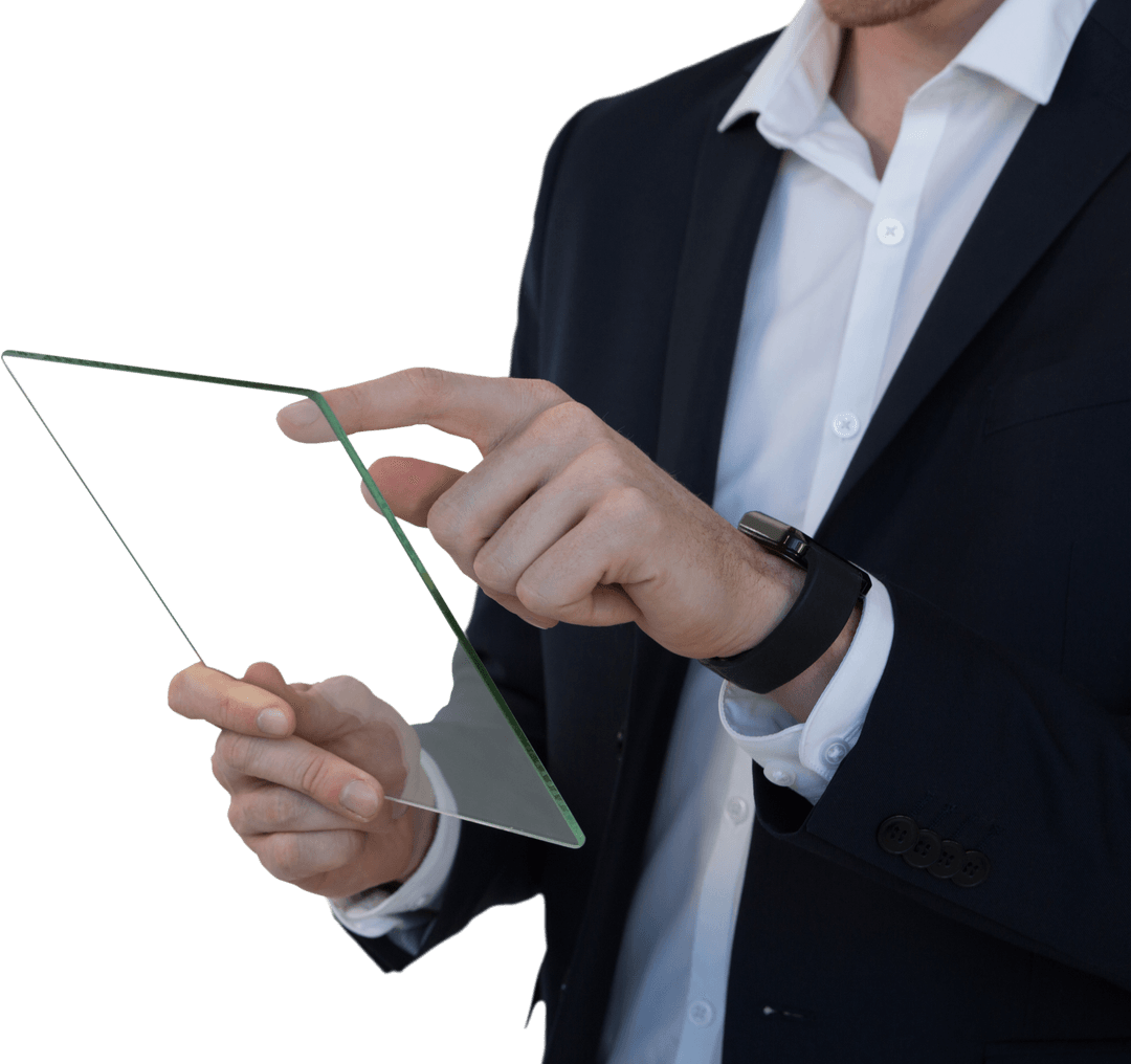 Businessman Using Transparent Glass Tablet for Digital Innovation