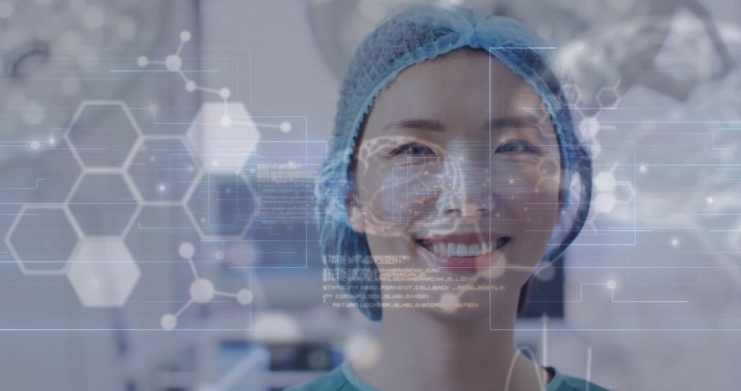 Asian Surgeon Smiling with Digital Biotech Interface Overlay