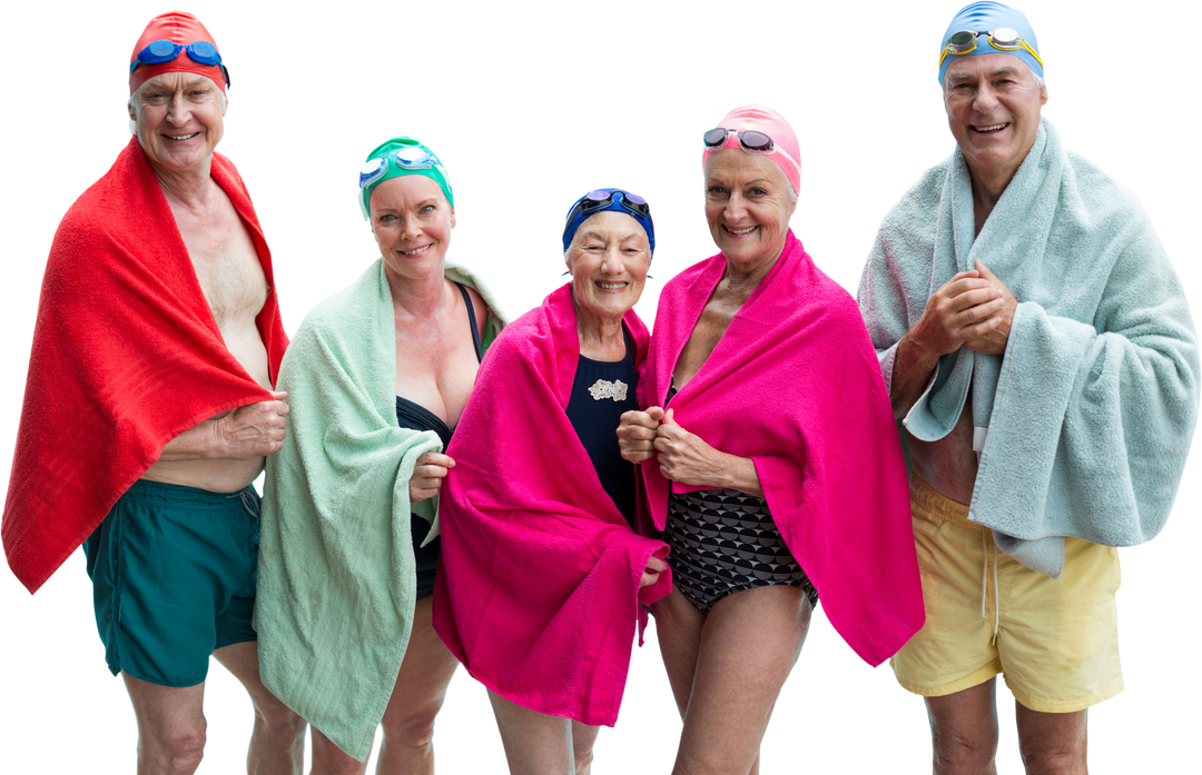 Senior Friends Enjoying Swimming in Colorful Towels Transparent Background - Download Free Stock Images Pikwizard.com