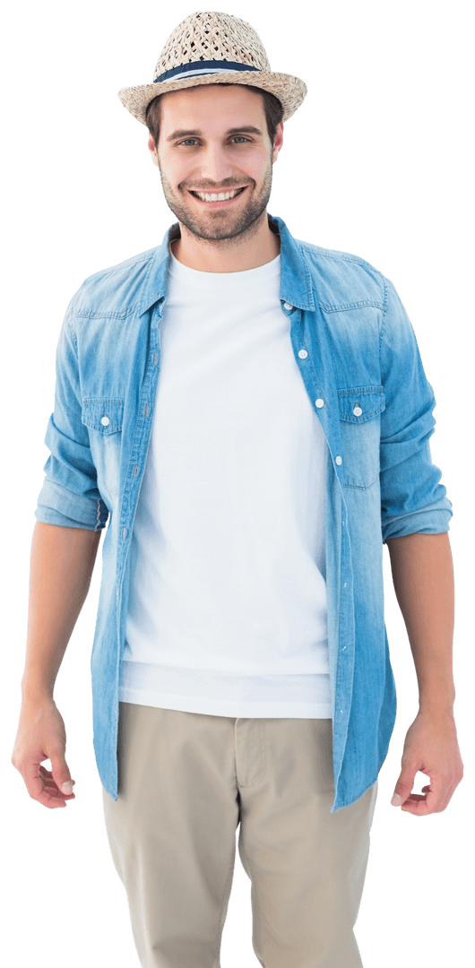 Stylish Man in Denim Shirt and Hat with Transparent Background