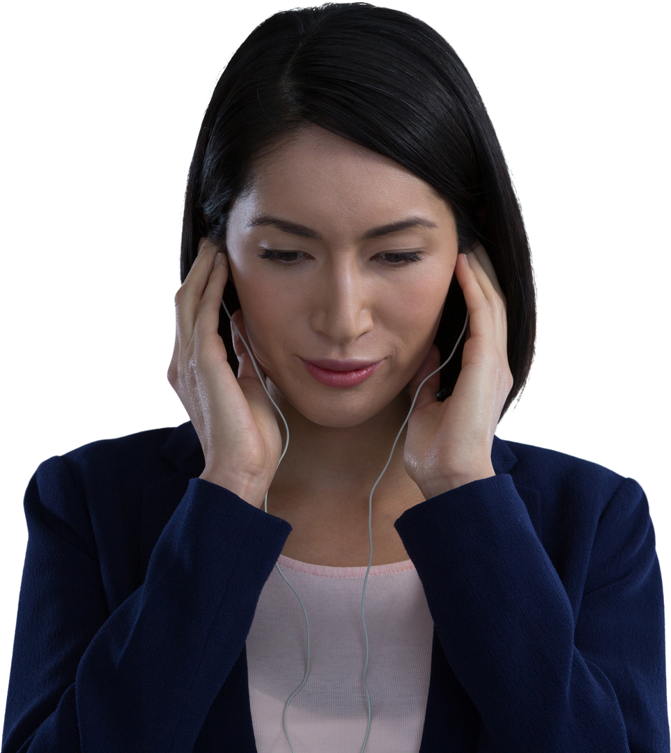 Transparent Businesswoman Listening Music Using Earphones, Focused Expression - Download Free Stock Images Pikwizard.com