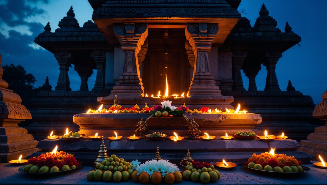 Illuminated temple steps with diyas at dusk, vishu festival