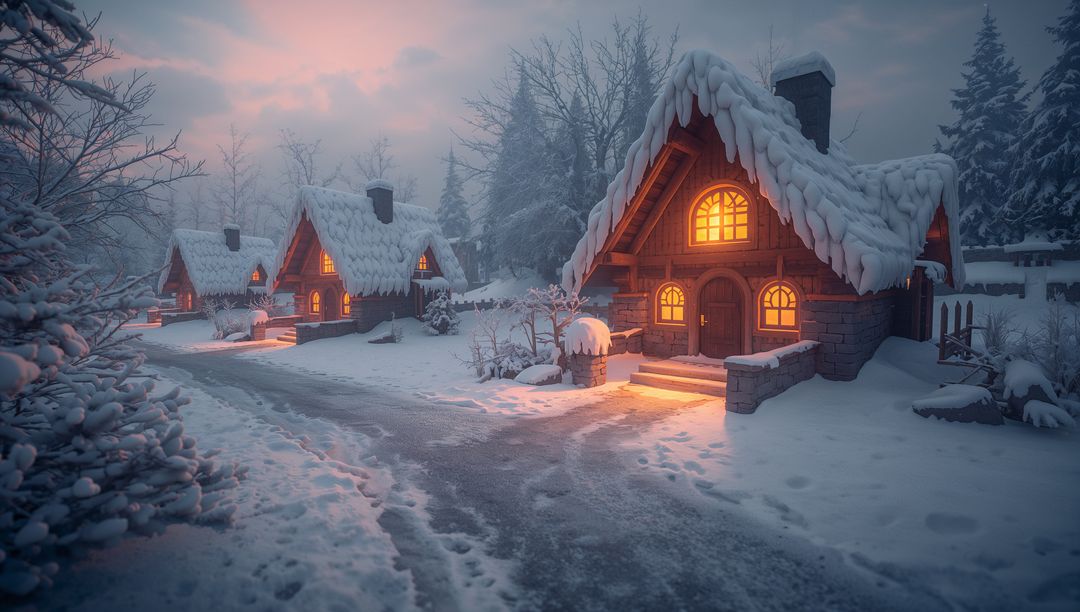 Enchanting Snowy Cottages in Tranquil Winter Village at Dusk