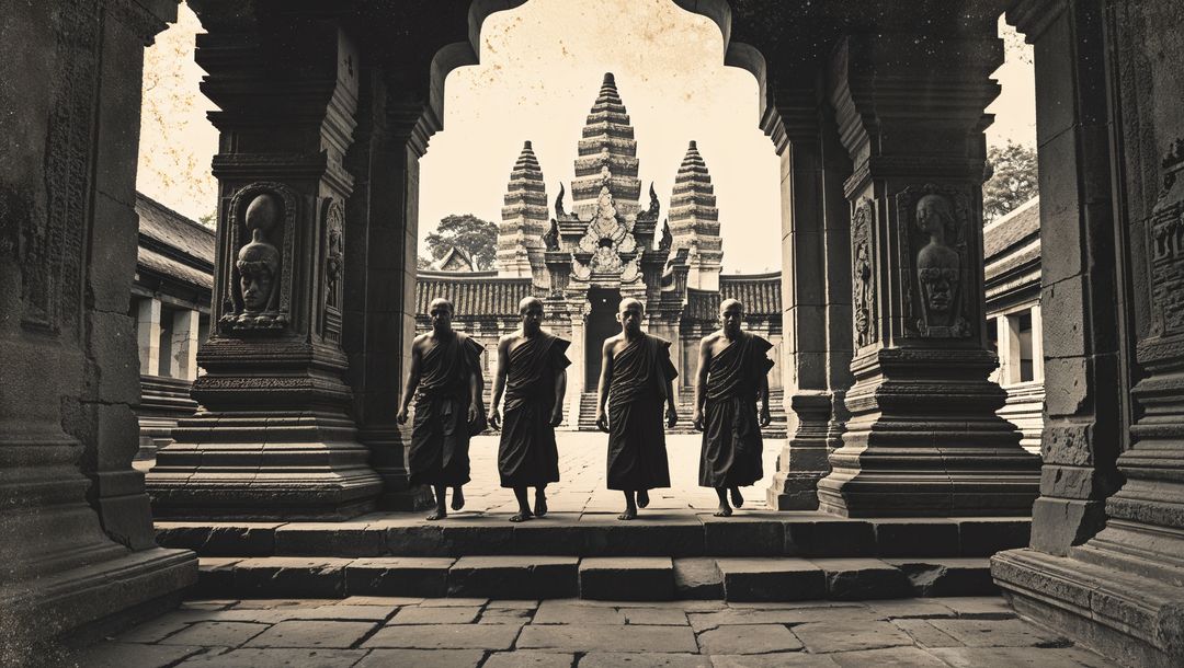 Buddhist Monks Walking Through Ancient Stone Temple Corridor
