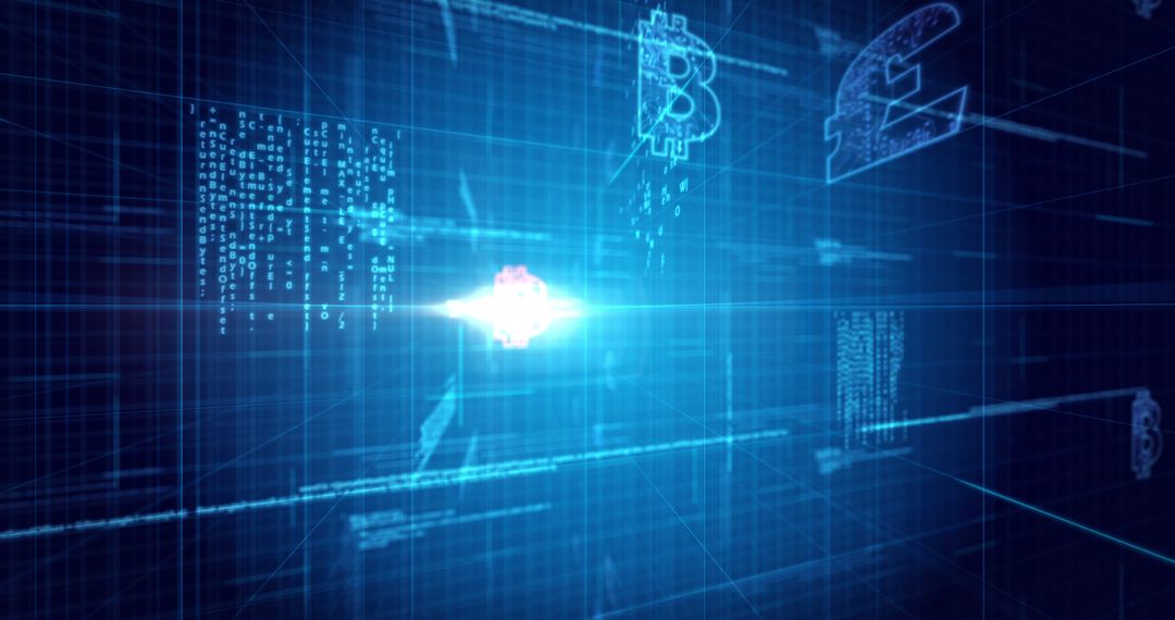 Futuristic Digital Currency Symbols on Blue Virtual Grid