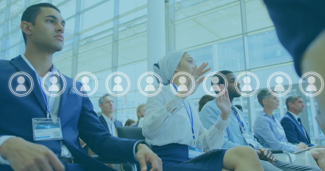 Diverse Business Professionals Engaged with Data Technology Overlay