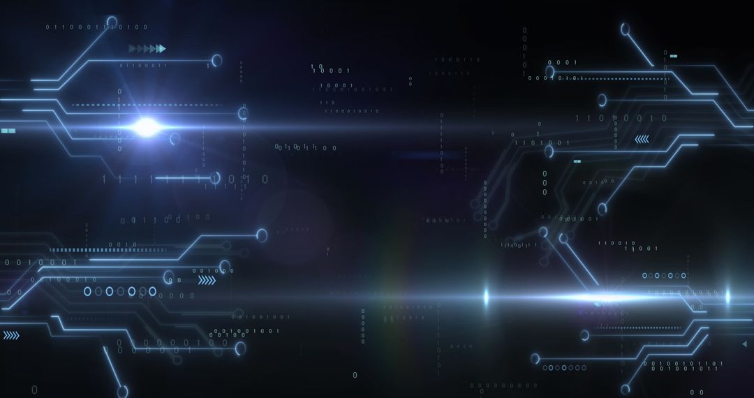Digital Circuits with Glowing Lens Flare on Black Background