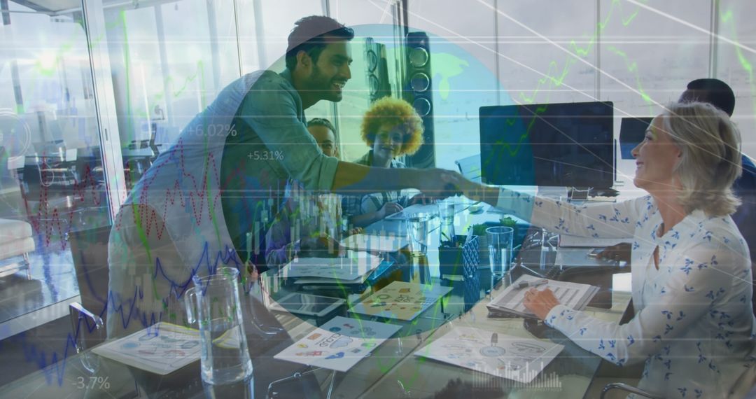 Diverse Business Professionals in Office Meeting with Data Visualization