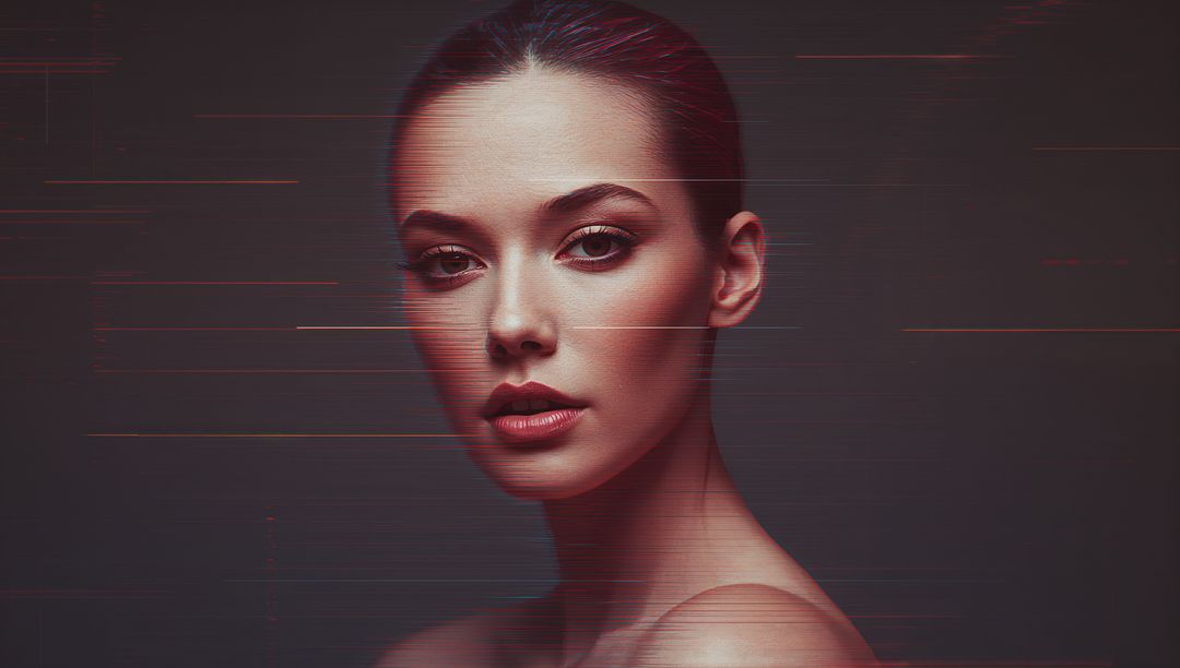 Elegant Hispanic Model with Glitch Effect in Dramatic Portrait