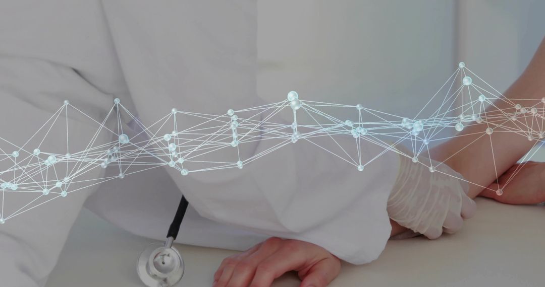 Healthcare professional examining patient ankle with digital mesh overlay