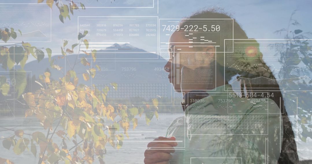 Woman at Autumn Lake with Digital Interface Elements
