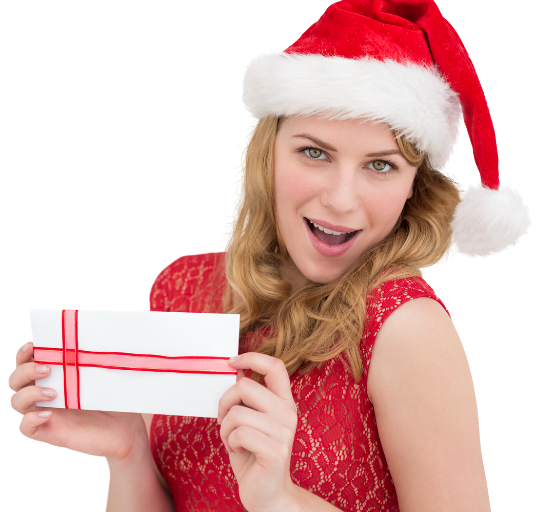 Caucasian Woman in Santa Hat Holding Gift Card on Transparent Background - Download Free Stock Images Pikwizard.com