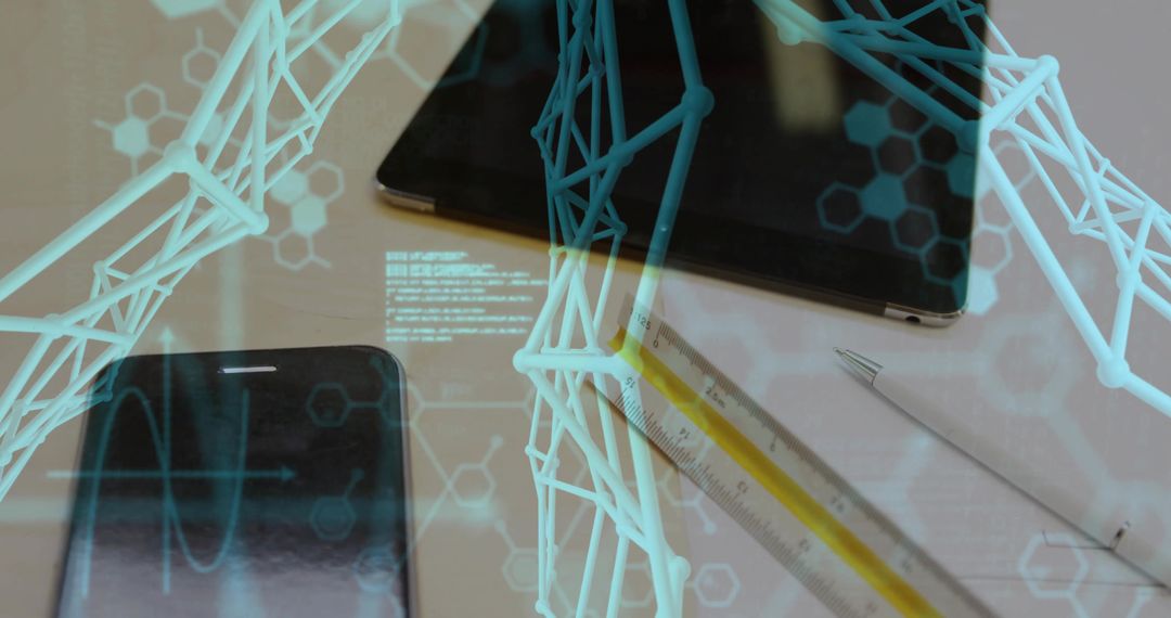 Futuristic Workspace with Digital Overlay on Electronics