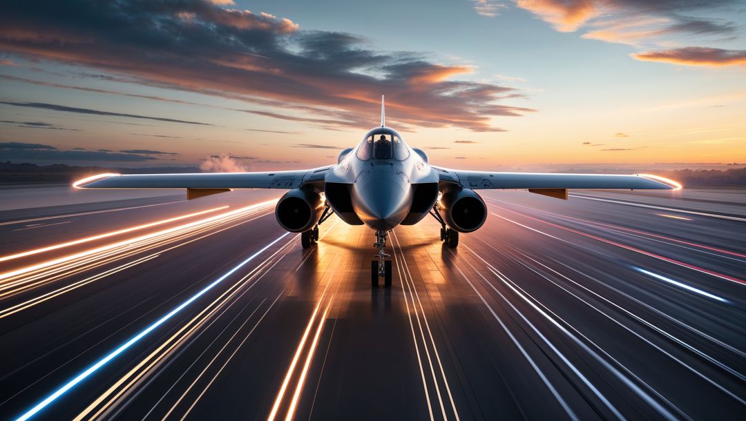 Fighter jet on runway at dusk with streaking lights in motion, streamline concept