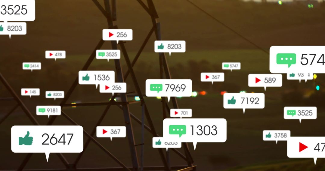 Social Media Engagement Icons over Scenic Power Line Landscape
