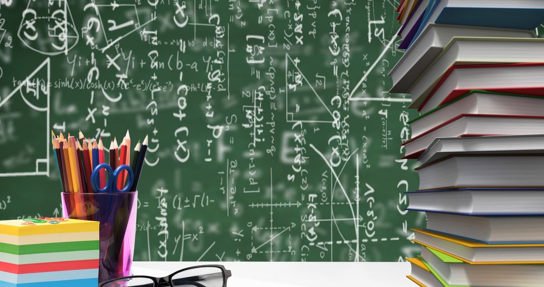 Educational Supplies with Math Equations on Blackboard Background