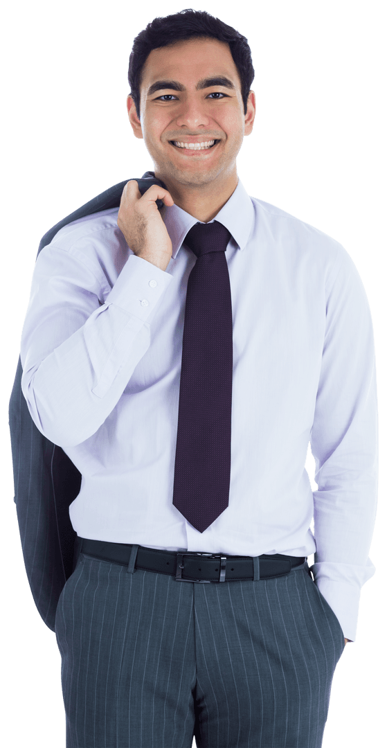 Smiling Biracial Businessman Holding Jacket on Transparent Background