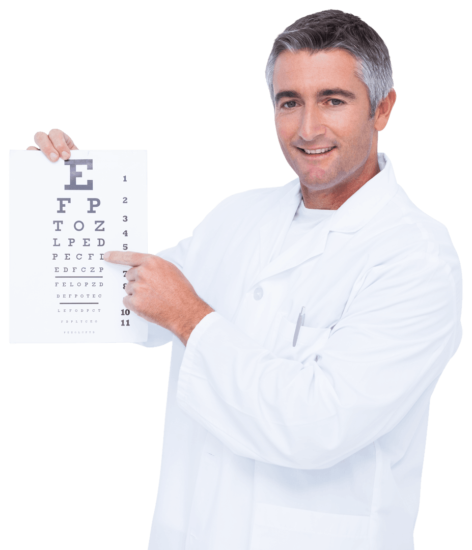 Transparent Optician Smiling While Presenting Eye Test Chart