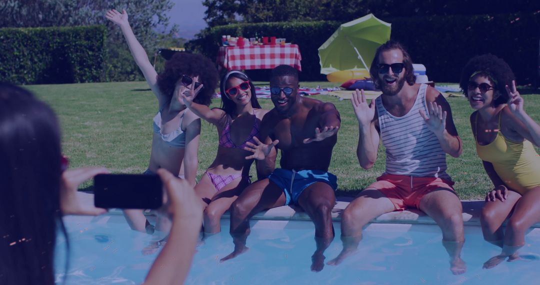 Group of Friends Posing by Pool on a Sunny Day