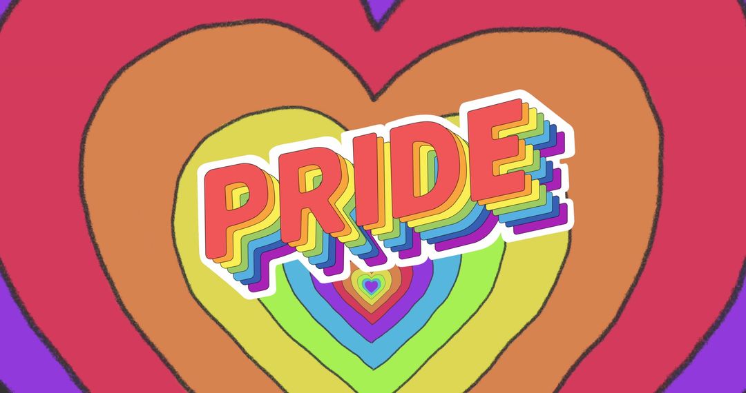 Colorful Pride Layered Text with Rainbow Hearts Background