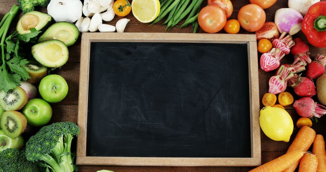 Empty Blackboard Surrounded by Assorted Fresh Vegetables and Fruits - Free Images, Stock Photos and Pictures on Pikwizard.com