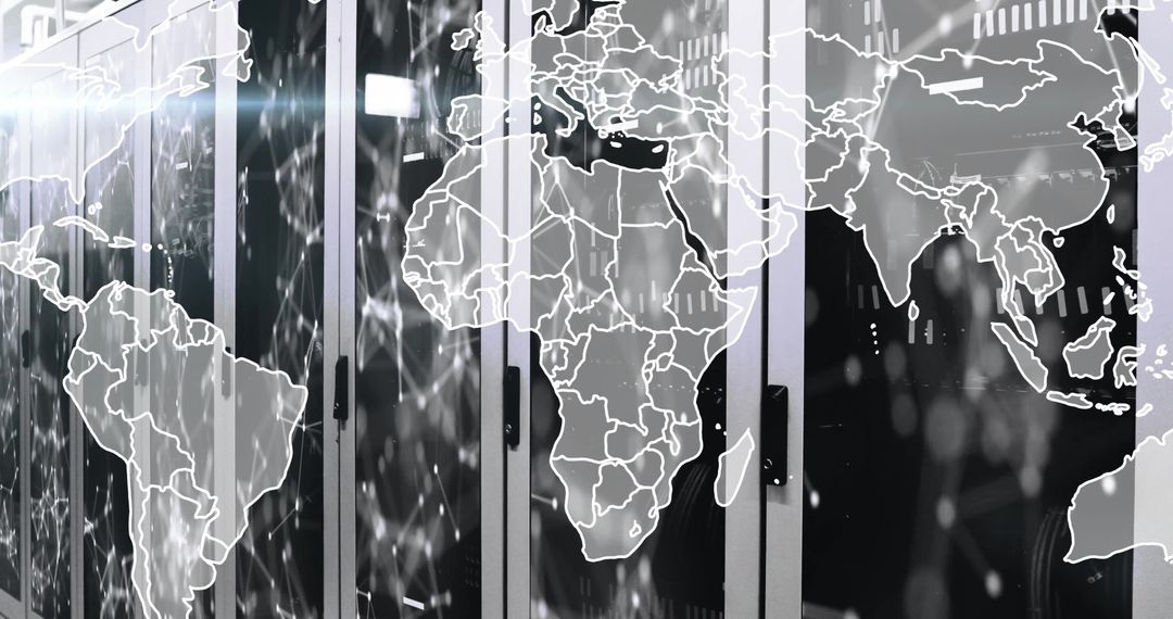 Data Center with Digital World Map Overlay Shows Technology Network