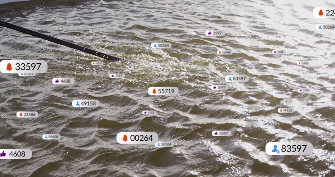 Digital Notifications Overlay on River with Rowing Oar