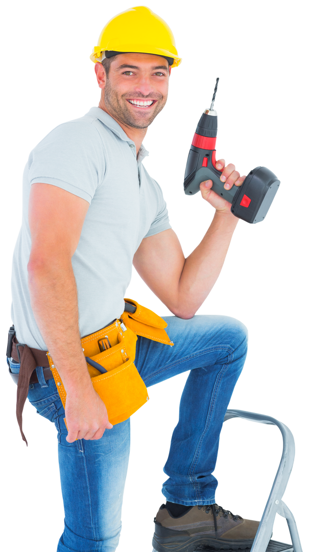 Transparent Background: Confident Smiling Handyman Holding Power Drill on Ladder - Download Free Stock Images Pikwizard.com