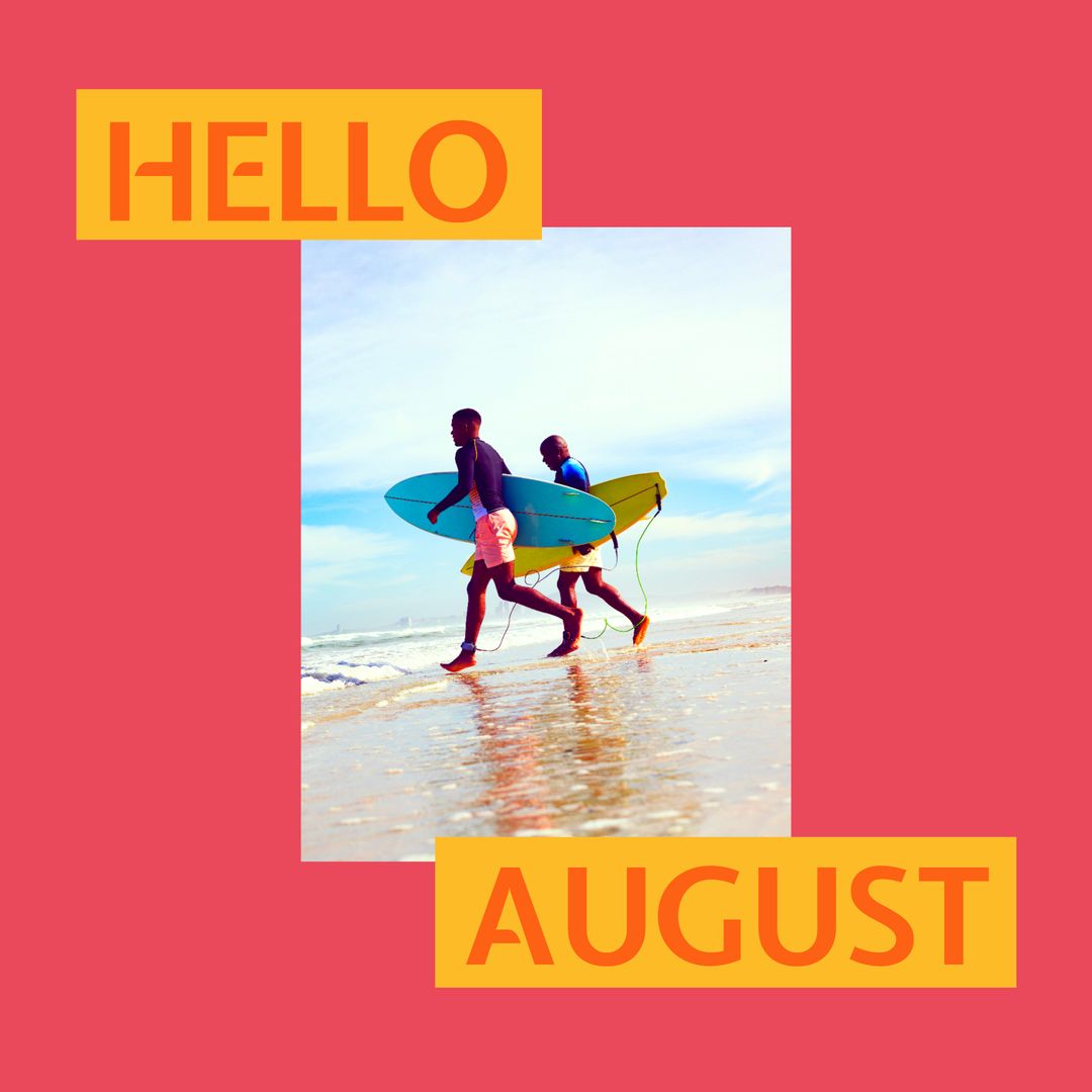 Hello August: Father and Son Enjoying Surf Day on Beach