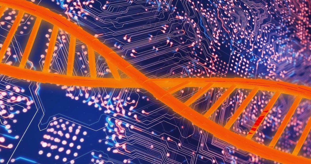 DNA Helix Overlay on Circuit Board Symbolizing Biotech Innovation