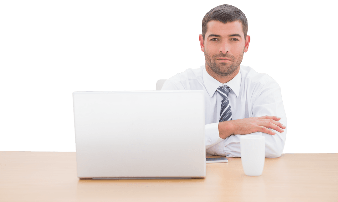 Transparent Businessman Sitting Confidently Desk with Laptop