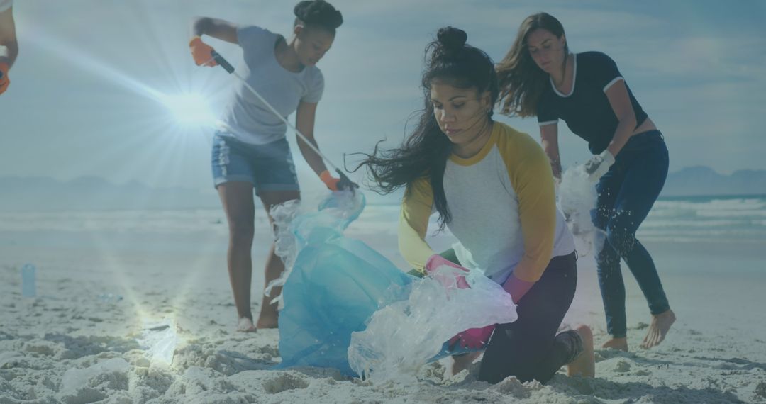 Diverse Group Engaged in Beach Cleanup for Environmental Conservation