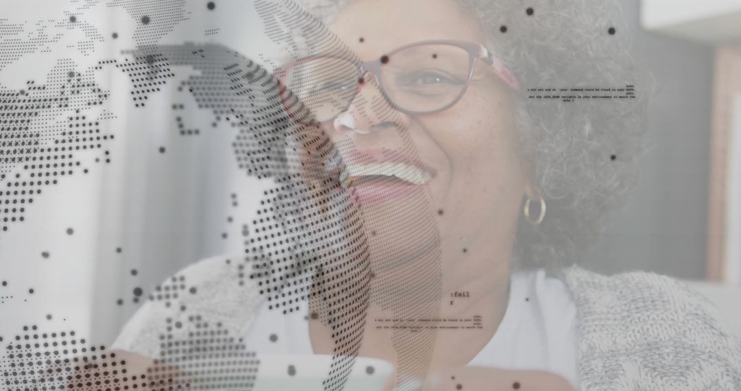 Smiling Senior Woman Connecting Digitally with World Map and Code Overlay