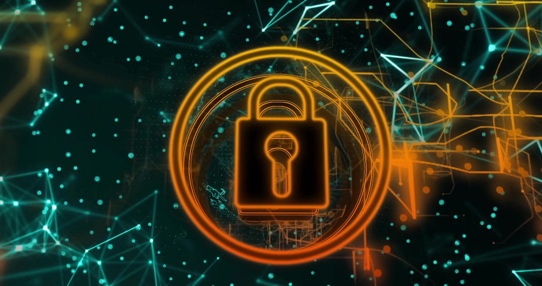 Glowing Padlock in Digital Network for Cybersecurity Concept
