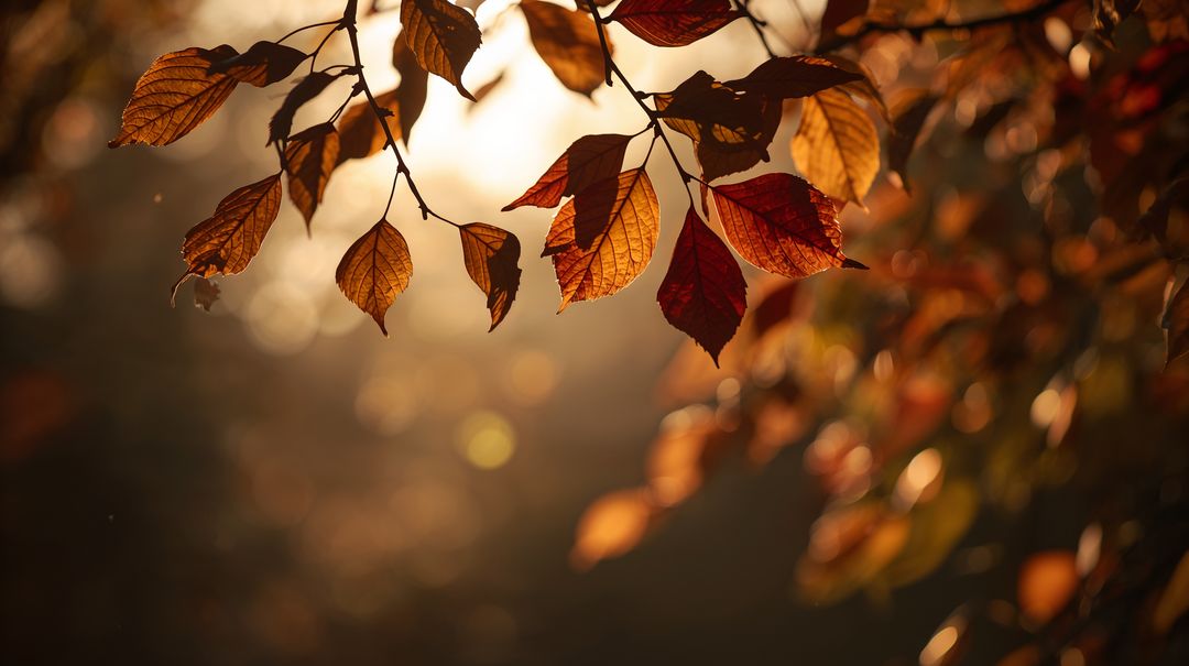 Backlit autumn leaves hanging from branch with warm bokeh sunlight and amber sunset glow