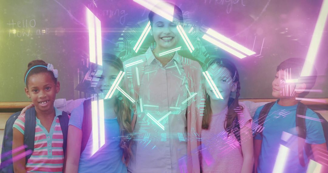 Teacher guiding diverse elementary students in classroom with neon futuristic light overlay