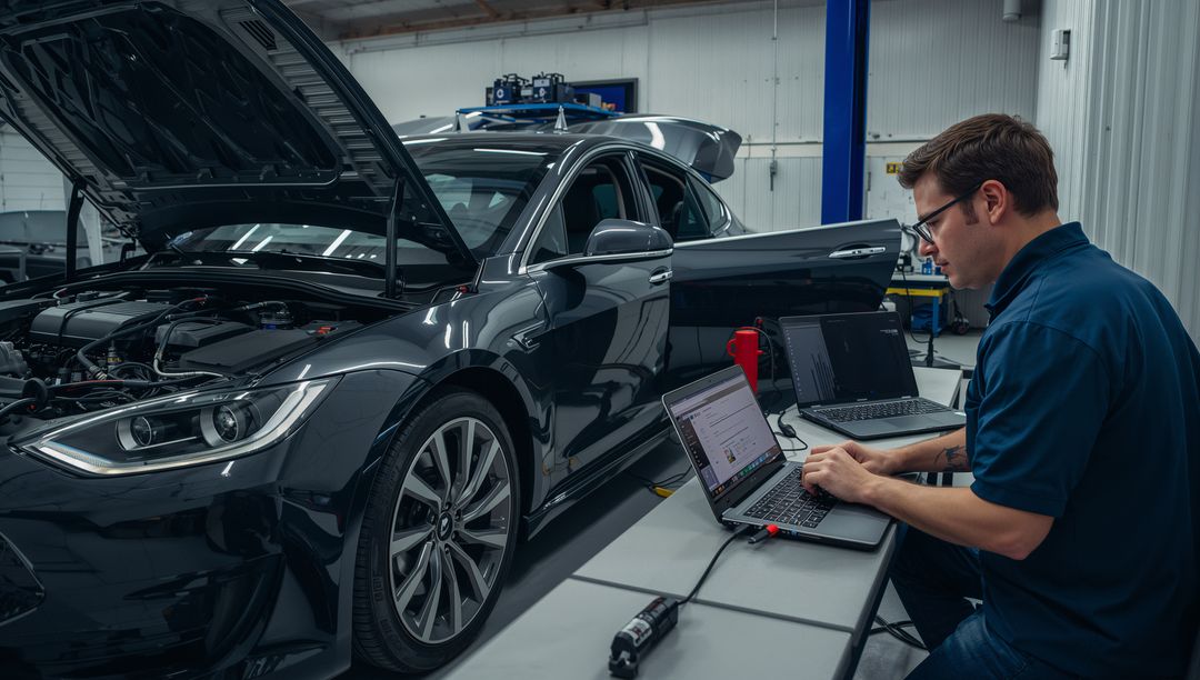 Auto Technician Performing Vehicle Diagnostics in Repair Workshop