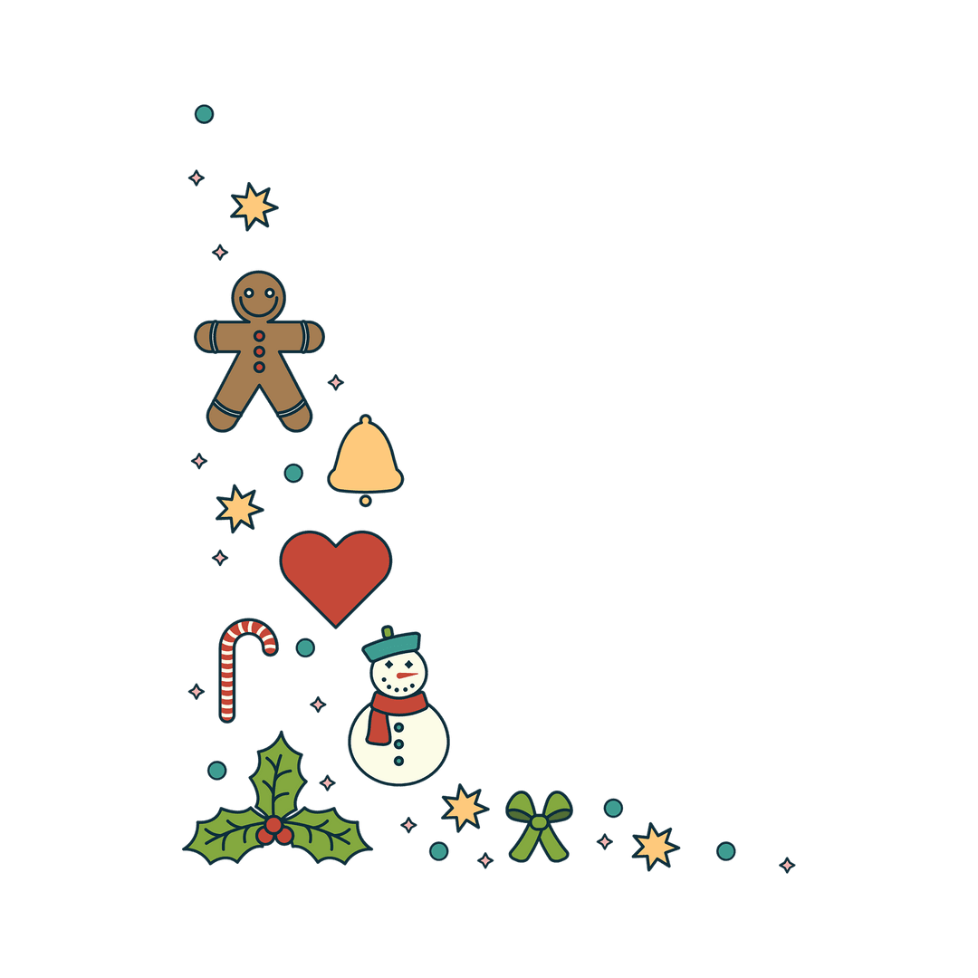 Christmas Icons with Gingerbread, Snowman, and Stars on Transparent Background