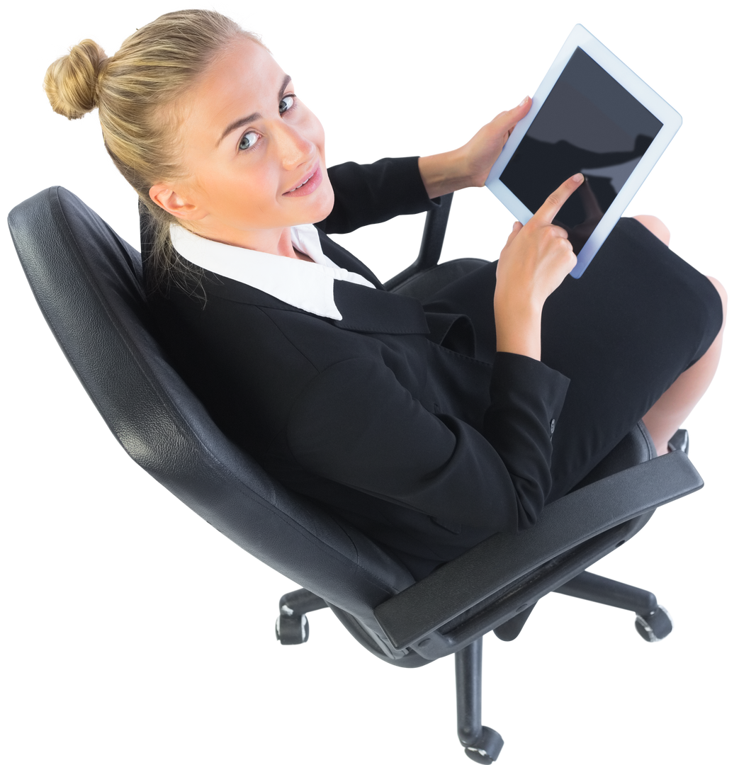 Blonde Businesswoman Using Tablet in Swiveling Office Chair on Transparent Background - Download Free Stock Images Pikwizard.com