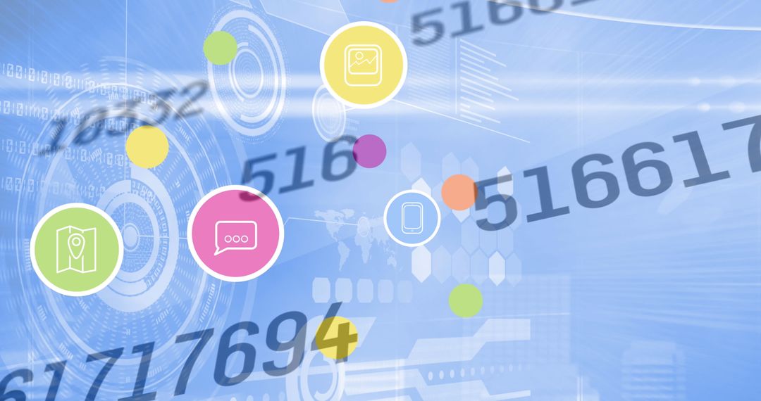 Abstract Digital Interface with Dynamic Moveable Icons on Blue Background