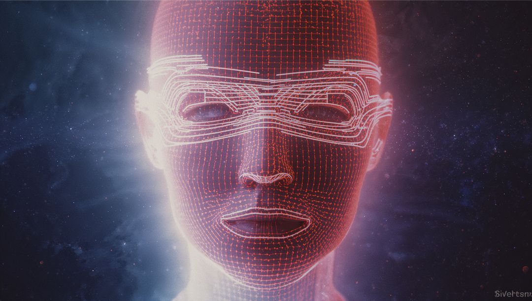 Digital Humanoid Head in Cosmic Space with Red Grid