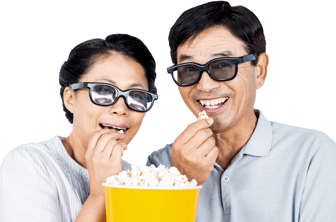 Mature Couple Enjoying Popcorn while Watching 3D Movie, Transparent Background