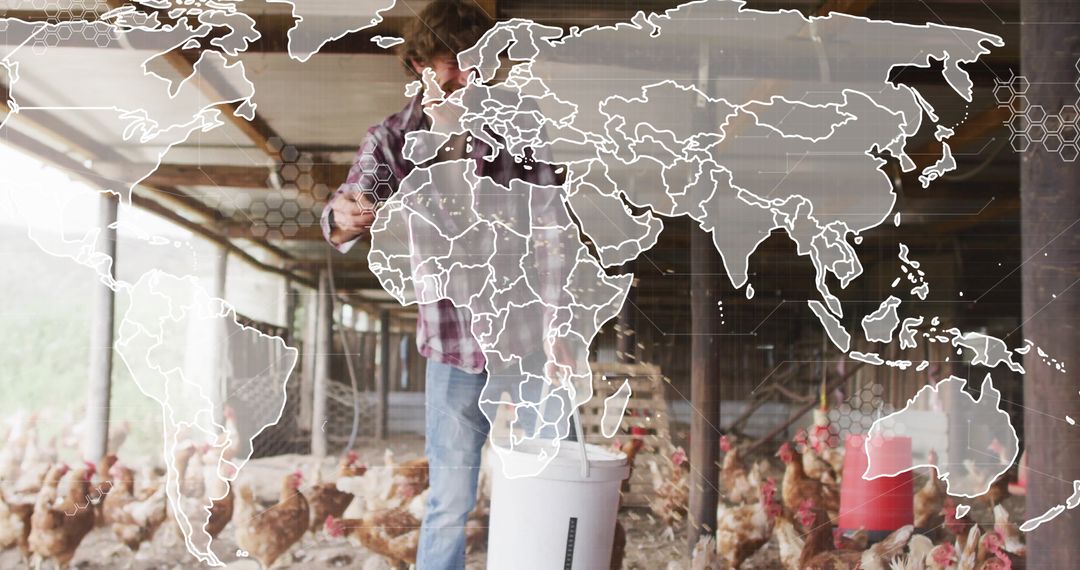 Farmer Feeding Chickens with Digital World Map Overlay in Rustic Coop