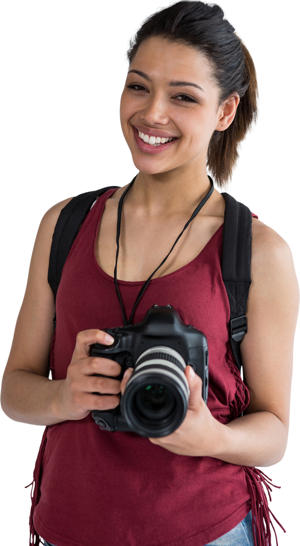 Smiling Female Photographer Holding Digital Camera Transparent Image - Download Free Stock Images Pikwizard.com