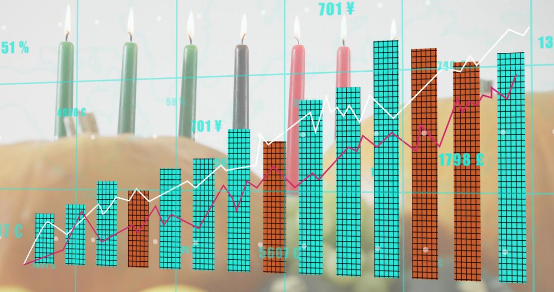 Celebrating data-driven growth with frosted cake and lit candles overlaid by analytic bar chart