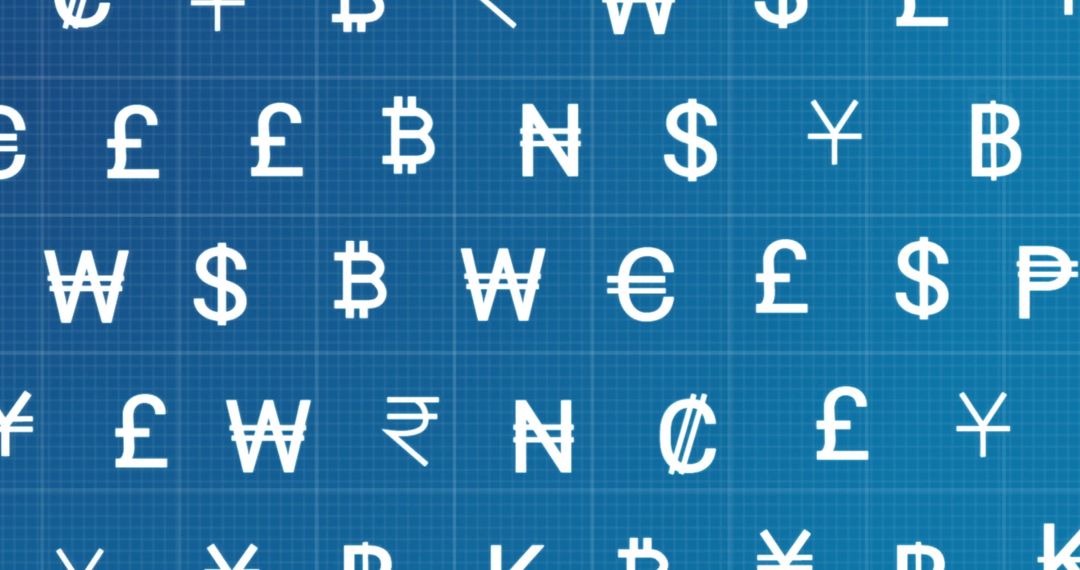 Global Digital Currency Symbols on Blue Background
