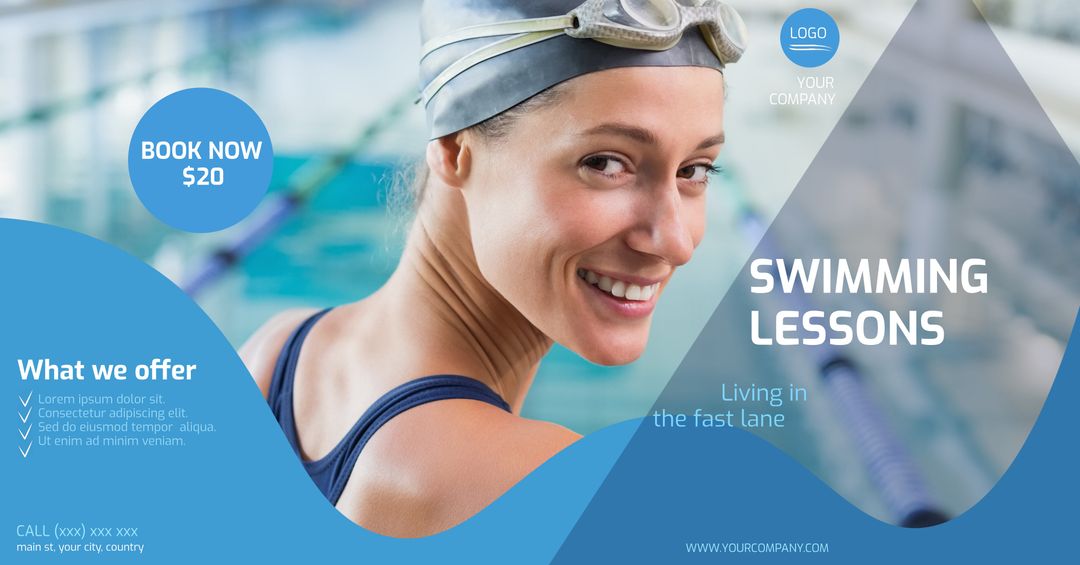 Happy Woman Promoting Swimming Lessons for Aquatic Training at Pool - Download Free Stock Templates Pikwizard.com