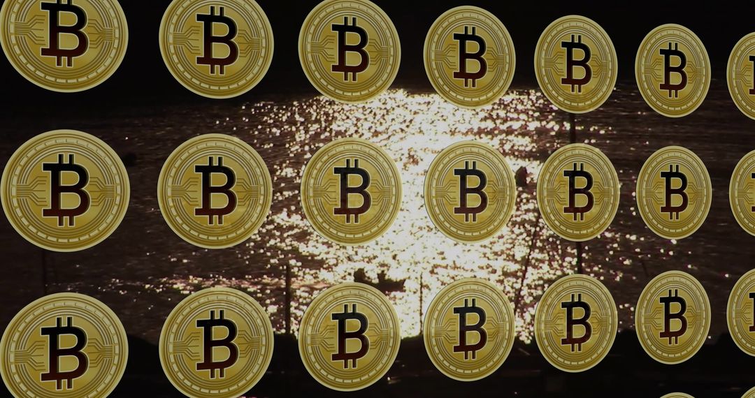 Golden Bitcoin Symbols Floating on Sunset Water Background